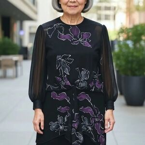 Vintage,Evening Cocktail Dress Black Patterned Chiffon Panels over Black